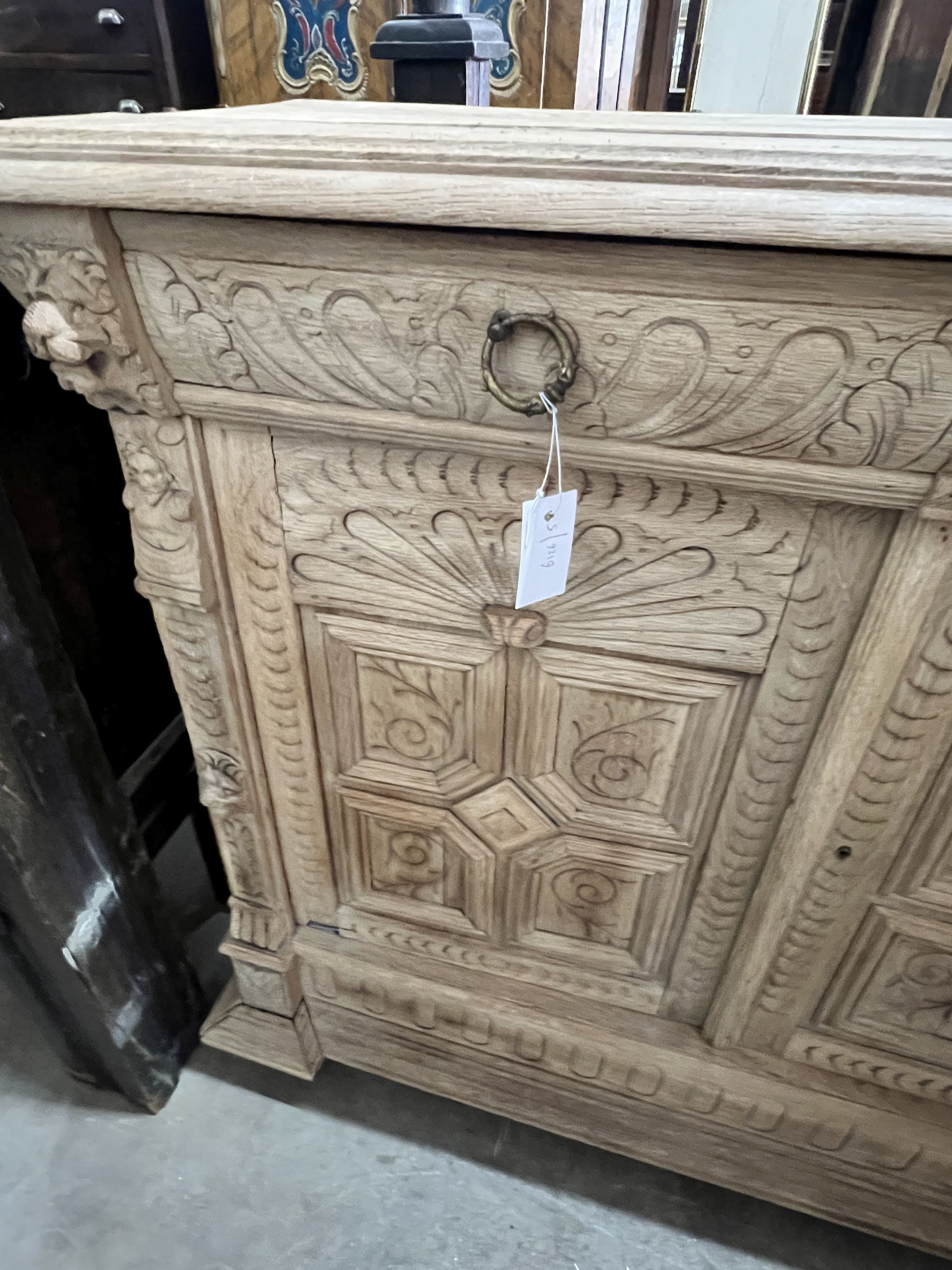 A late 19th century Flemish bleached oak buffet, length 120cm, depth 47cm, height 100cm